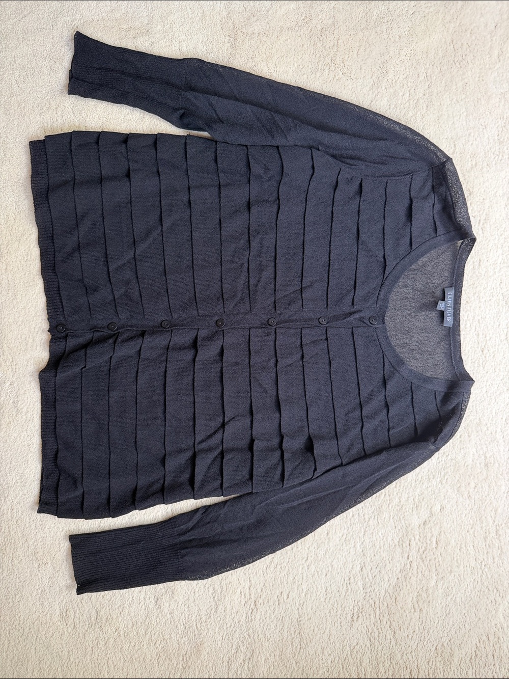 Eileen Fisher Black Lightweight Ribbed Button-Front Cardigan